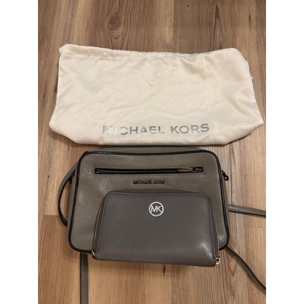 Michael Kors Grey Pebbled Leather Jet Set Crossbody Bag and Wallet Set